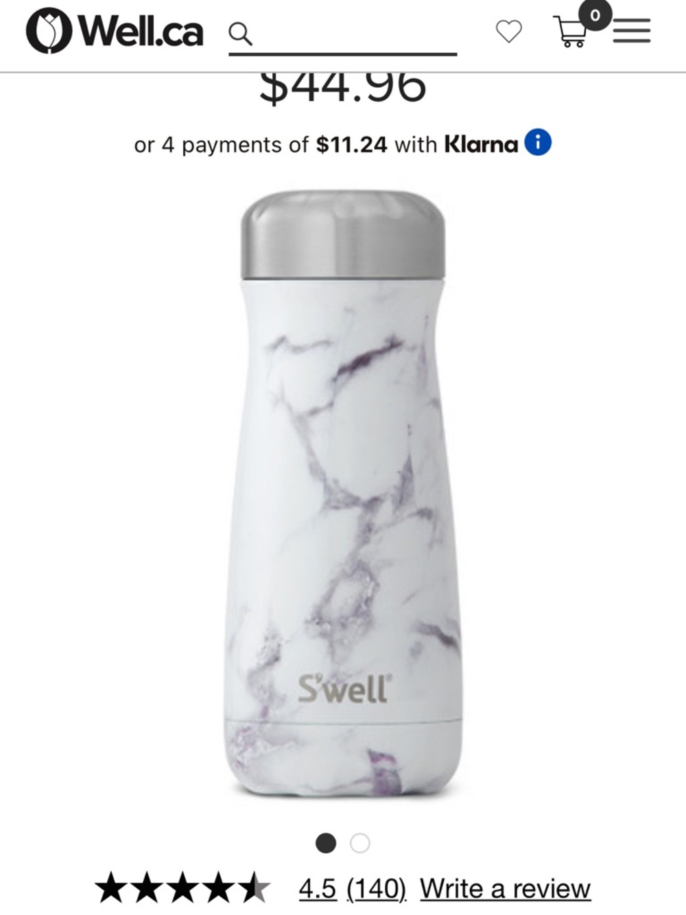 S'well Marble Pattern Stainless Steel Bottle in White and Silver 16 oz